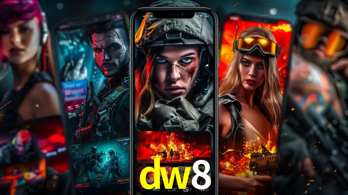 Montagem de telas de celular mostrando diversos personagens, masculinos e femininos, de um jogo de tiro, ilustrando a diversidade de equipes de e-sports para apostar no dw8.