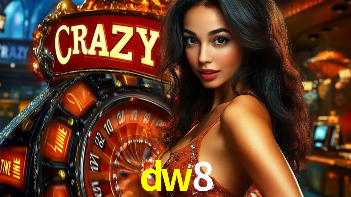 Mulher glamourosa olhando para a câmera com a roda vermelha do Crazy Time ao fundo em um ambiente de cassino, destacando a emoção dos jogos ao vivo no dw8.