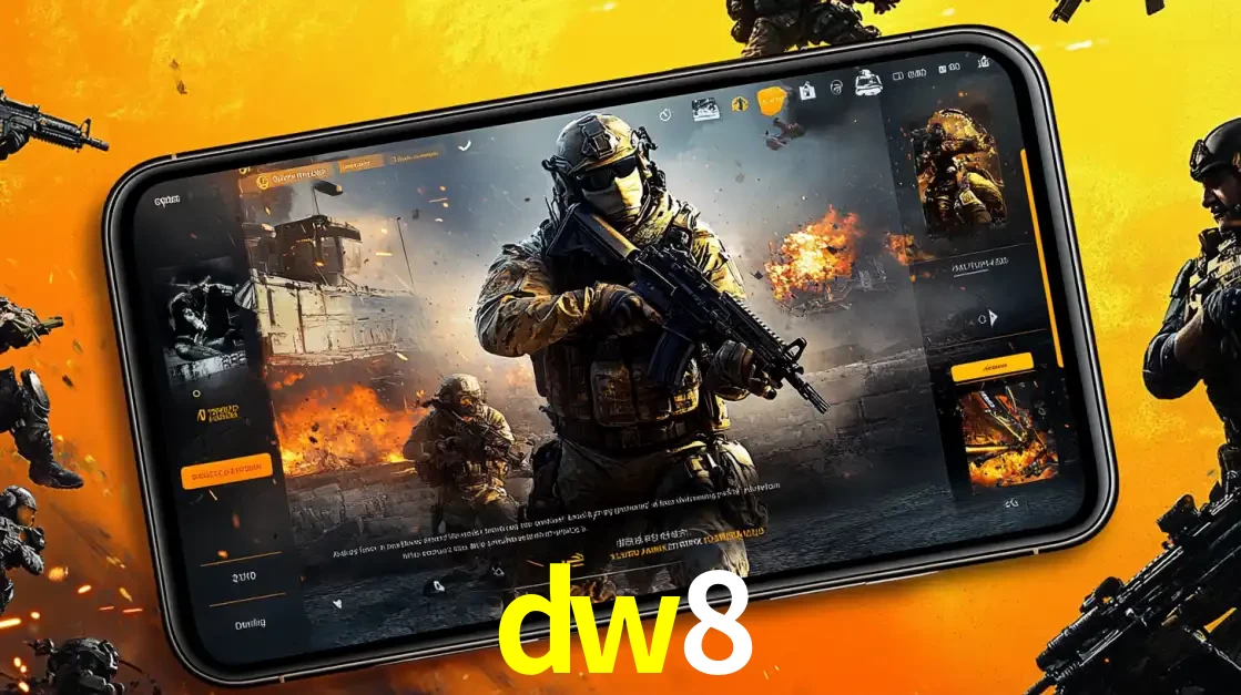 Um smartphone exibindo a interface de um jogo de tiro em primeira pessoa, com um soldado em um cenário de batalha, representando a ação dos e-sports para apostar no dw8.
