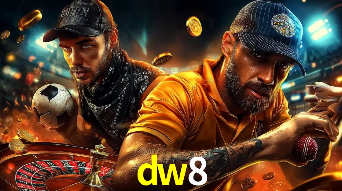 Montagem de apostas esportivas e cassino no dw8, com um homem segurando uma bola de futebol e outro uma de beisebol sobre uma roleta e moedas voadoras.