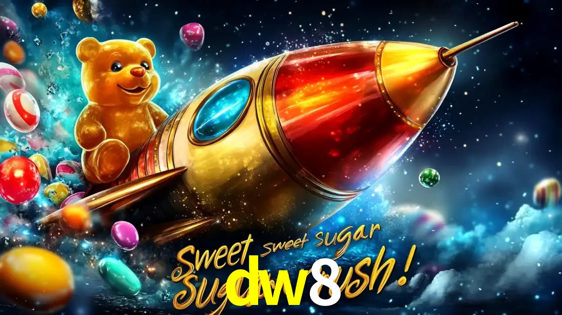 Arte promocional do jogo de slot Sugar Rush, com um urso de pelúcia em um foguete viajando pelo espaço de doces, um dos jogos divertidos disponíveis no cassino dw8.