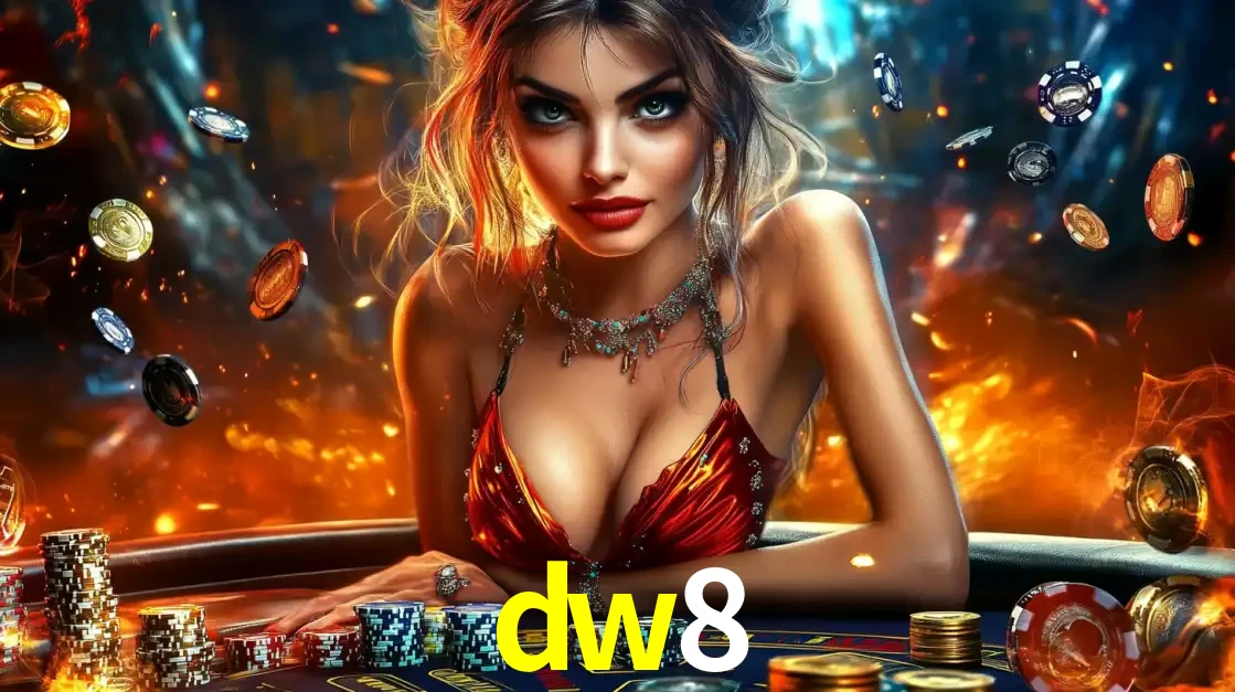 Mulher em uma mesa de cassino com pilhas de fichas e um fundo de fogo, pronta para uma rodada de altas apostas nos jogos de mesa emocionantes do cassino dw8.