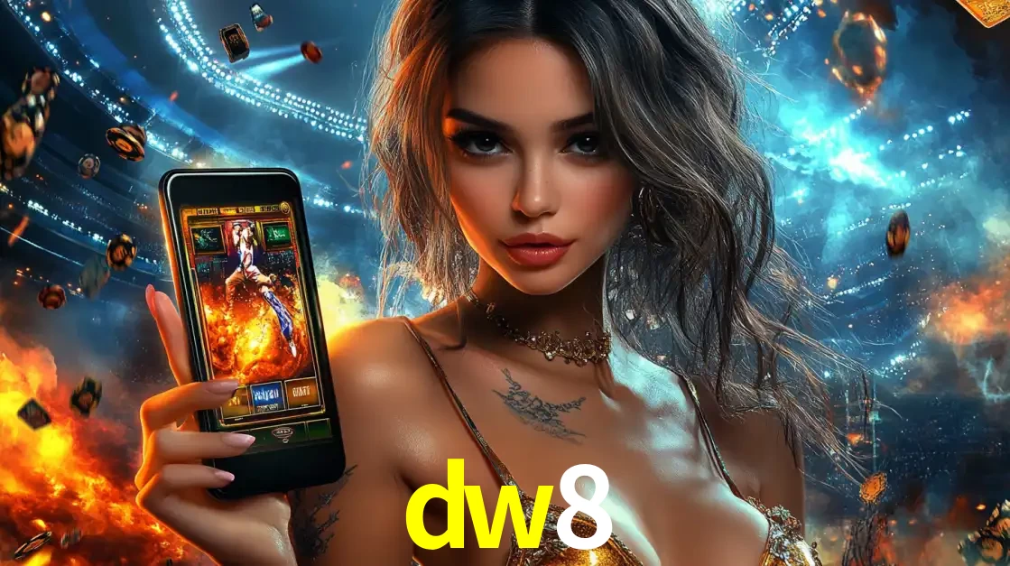 Mulher segurando um celular com um jogo de slot em destaque, tendo como fundo um estádio vibrante, simbolizando a emoção de jogar no cassino móvel dw8.